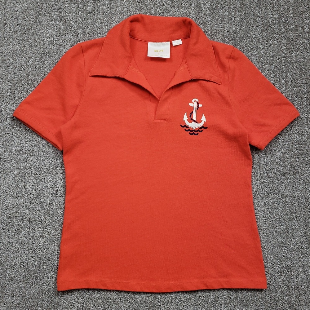 Anthropologie Maeve Newport Nautical Anchor Embroidered Polo Top Womens S Orange